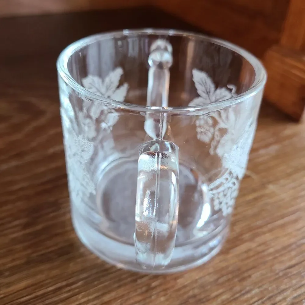 Vintage 50s Clear Glass Sugar Bowl Acid Etched With Grapes, Vine And Leaf Design